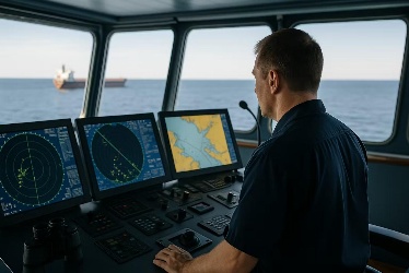 An officer of the watch monitoring radar and chart displays on a ship's bridge