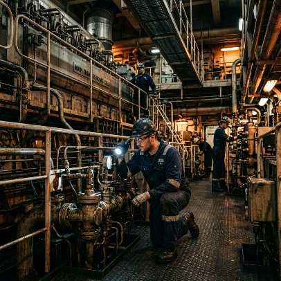 A marine engineer inspecting machinery in a ship's engine room