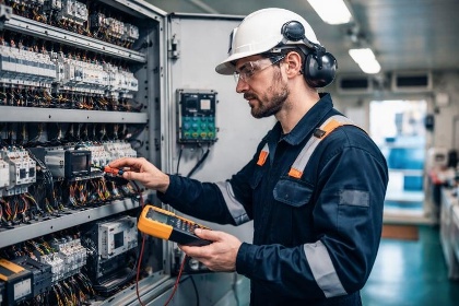 An electro-technical officer testing a shipboard electrical distribution panel