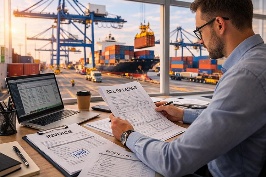 A logistics planner reviewing shipping documents at a port office