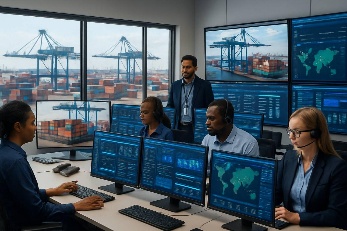 Terminal operators working at monitoring screens overlooking a container yard