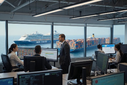 A fleet operations room overlooking berthed vessels