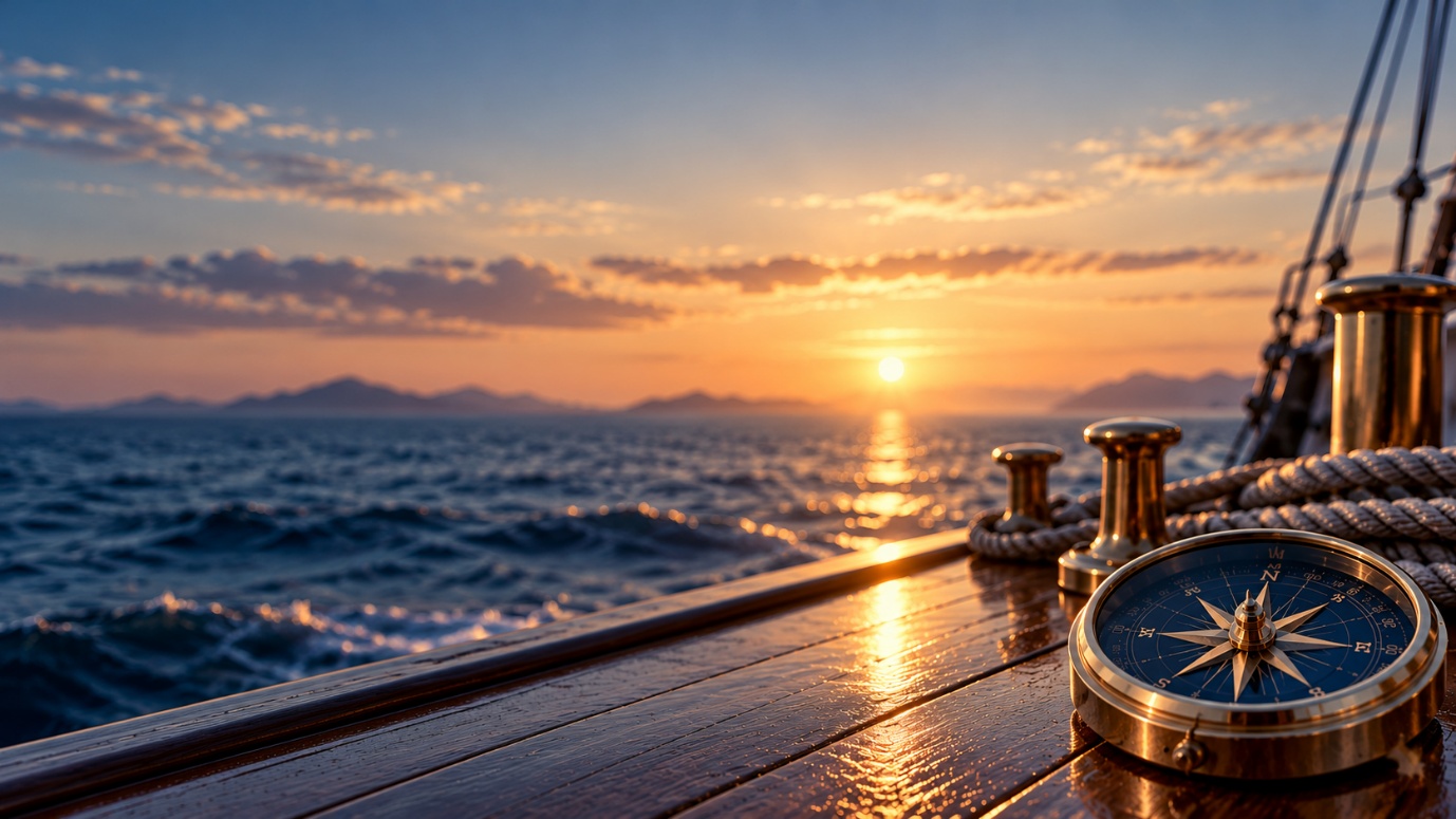 Sunrise over open water seen from a ship's deck, with a brass compass on the rail